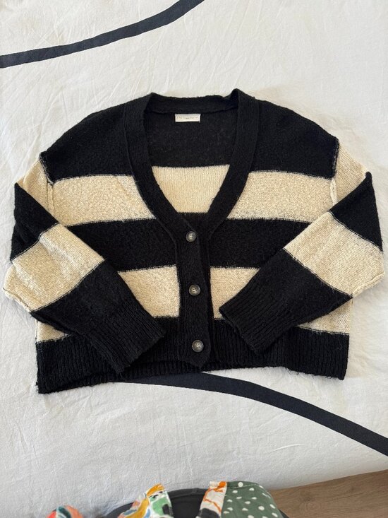 By Together Sweaters - By Together Black Cream Striped Cropped Cardigan Sz M/L